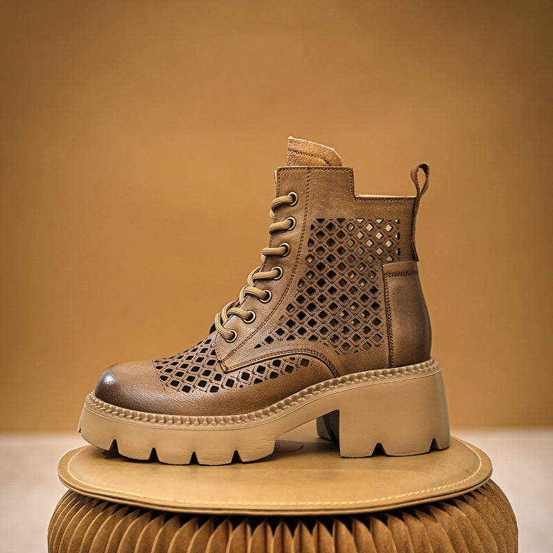 Women's Ankle Booties Round Toe Design Cut Out Boots Brown/Khaki