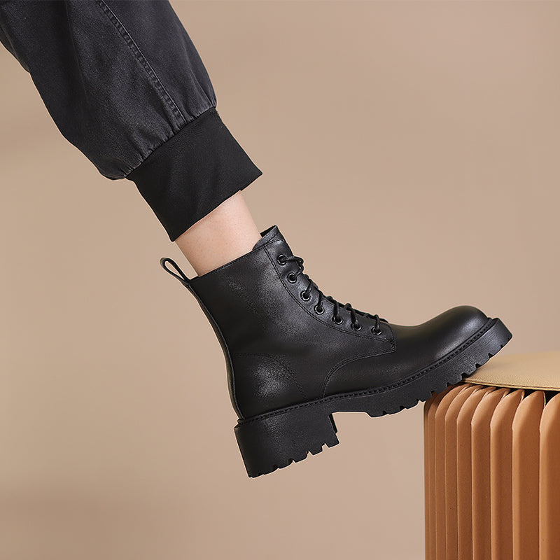 Winter Boots Handmade Genuine Leather Lace-Up Combat Boots Retro Chunky Platform Black