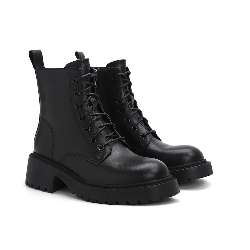Winter Boots Handmade Genuine Leather Lace-Up Combat Boots Retro Chunky Platform Black