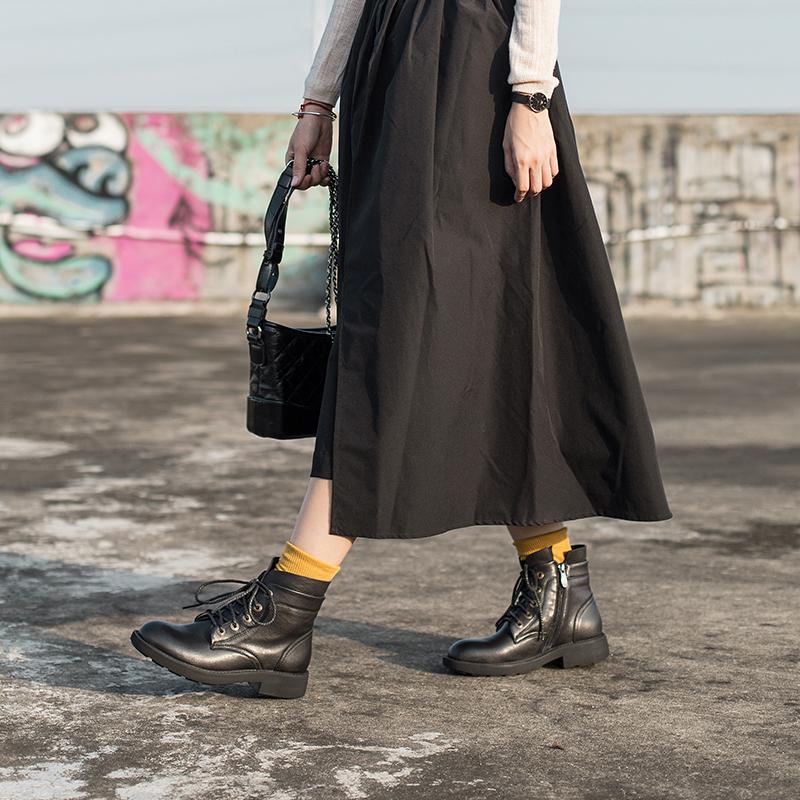 Waxing Sheepskin Leather Combat Boots Lace Up Boots Black/Coffee