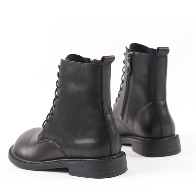 Women Leather Ankle Boots Soft Bottom Flat Round Toe Big-Head Retro Boots Coffee/Black