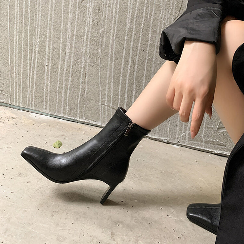 Classic Square Toe Sock Boots High Heel Stretch Boots Elastic Leather Handmade Black/Brown/Green