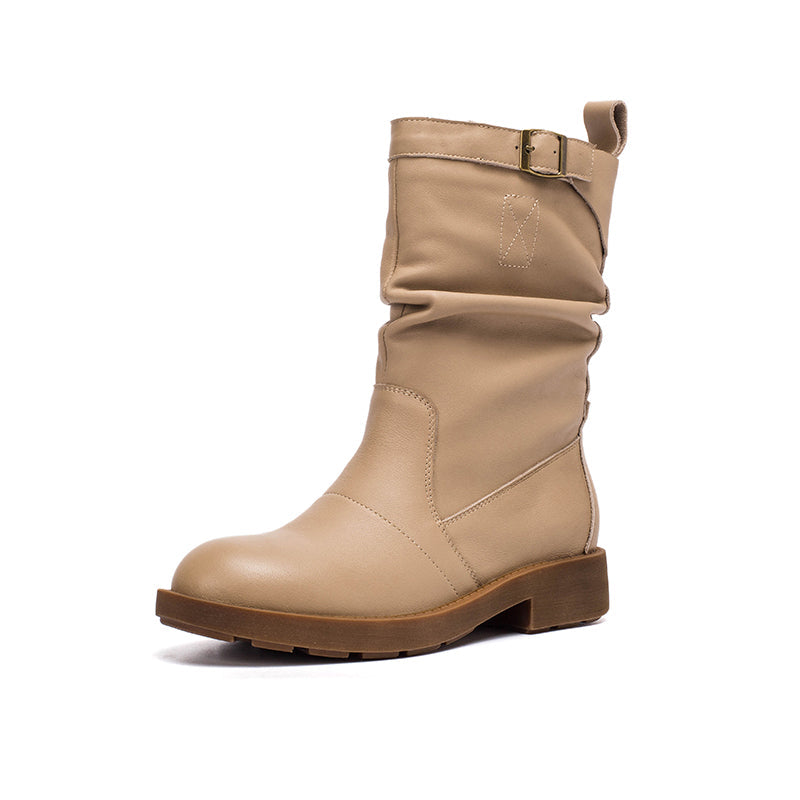 Soft Leather Mid Calf Boots Fold Design Riding Boots Short Plush Lined For Winter