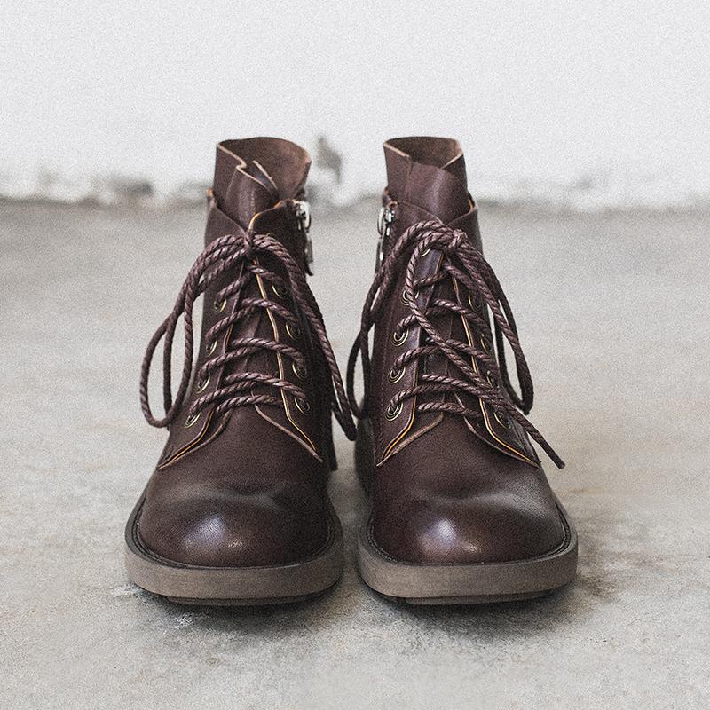 Waxing Sheepskin Leather Combat Boots Lace Up Boots Black/Coffee