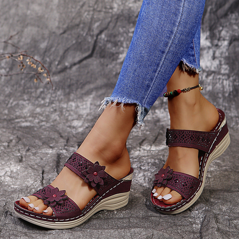 Wedge Heel Sandals Women Nubuck Flower