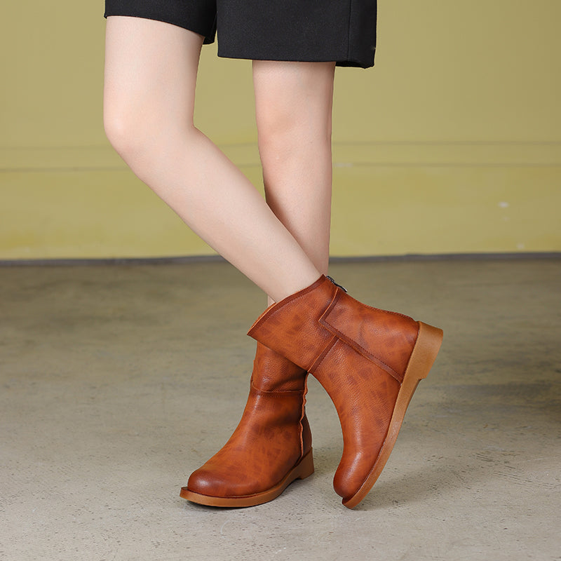 Retro Cowhide Boots Women Comfy Back Zip Walking Boots Brown/Black/Grey