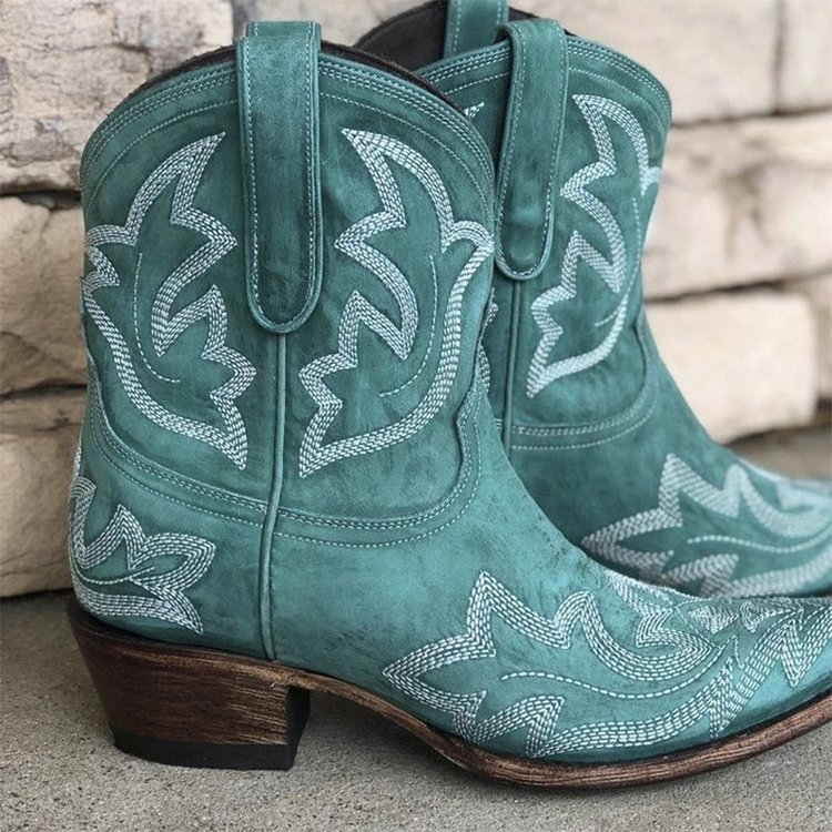 Women's Floral Embroidered Cowboy Boots Chunky Heel Short Pointed Toe Cowgirl Boots