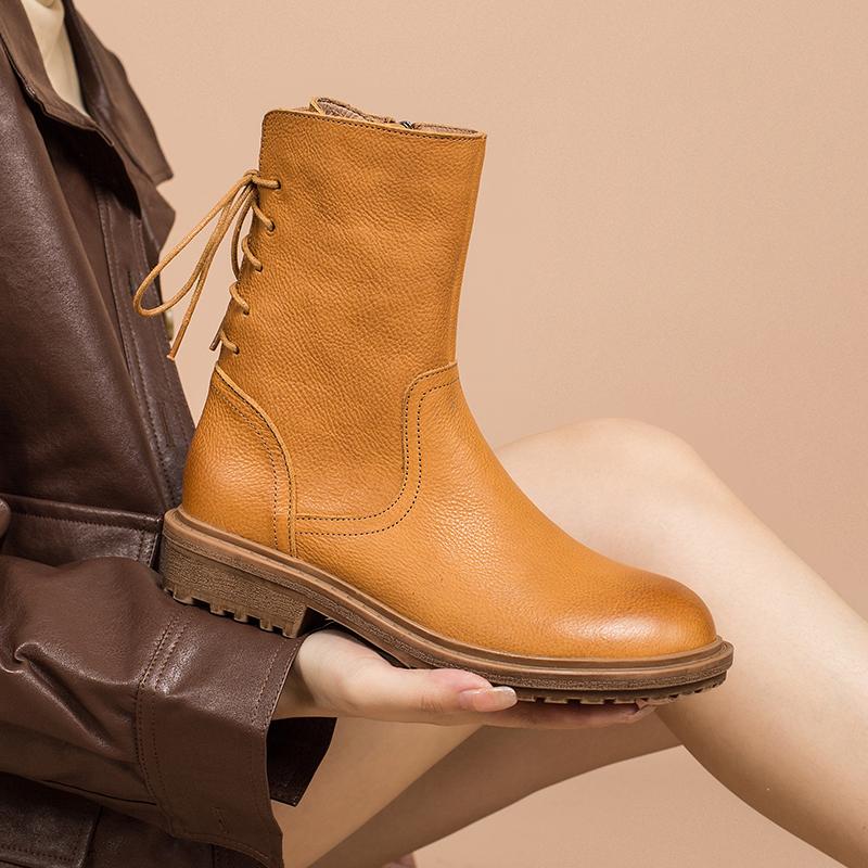 Leather Boots Designer Retro Chunky Riding Back Lace Handmade Coffee/Black/Yellow