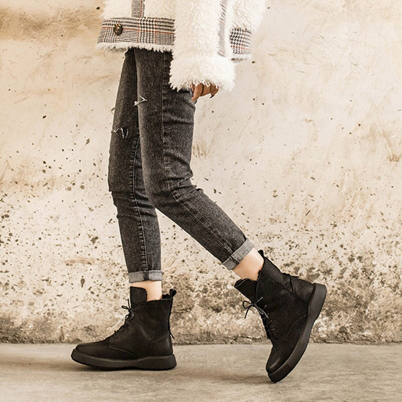 Waxing Leather Shearling Lined Short Boots for Winter Lace Up Snow Boots in Black/Coffee