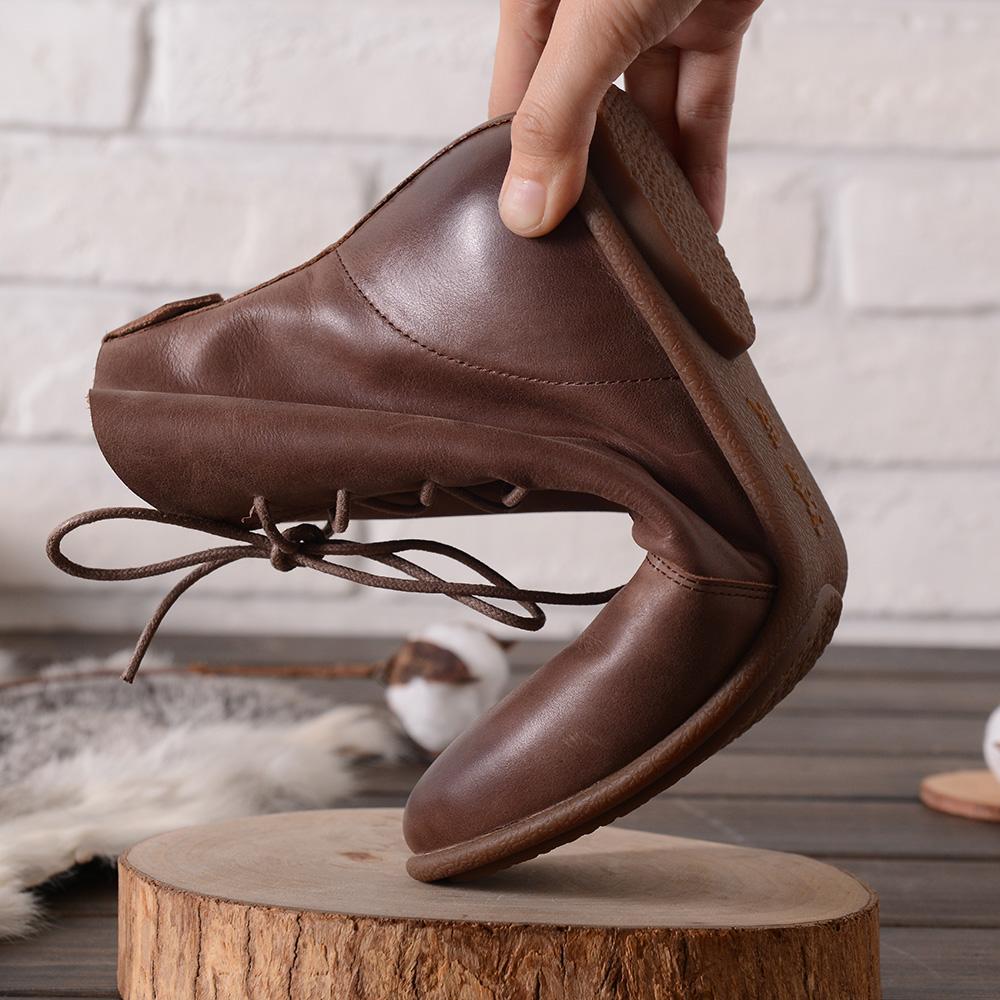 Oxfords For Women Lace Up Flat Sole Ankle Boots Handmade Waxing Leather Boots Black/Brown