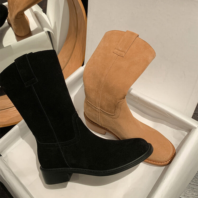 Womens Suede Leather Mid Calf Boots In Black/Brown