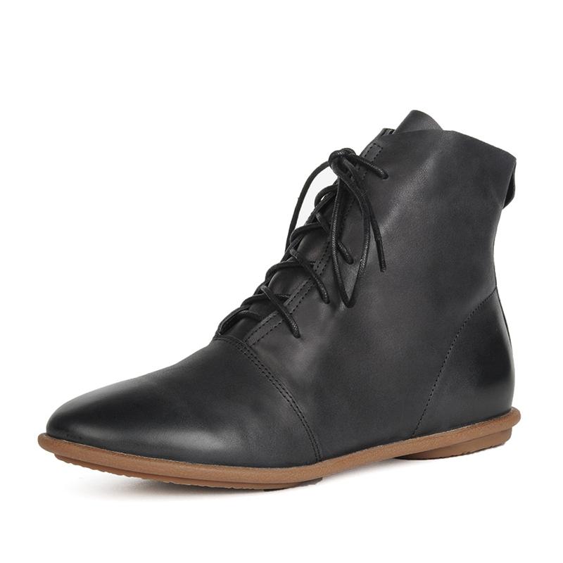 Oxfords For Women Lace Up Flat Sole Ankle Boots Handmade Waxing Leather Boots Black/Brown