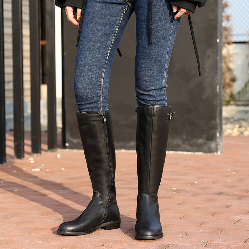 Handmade Soft Leather Knee High Boots Side Zip Riding Boots Short Plush Lining in Black/Brown