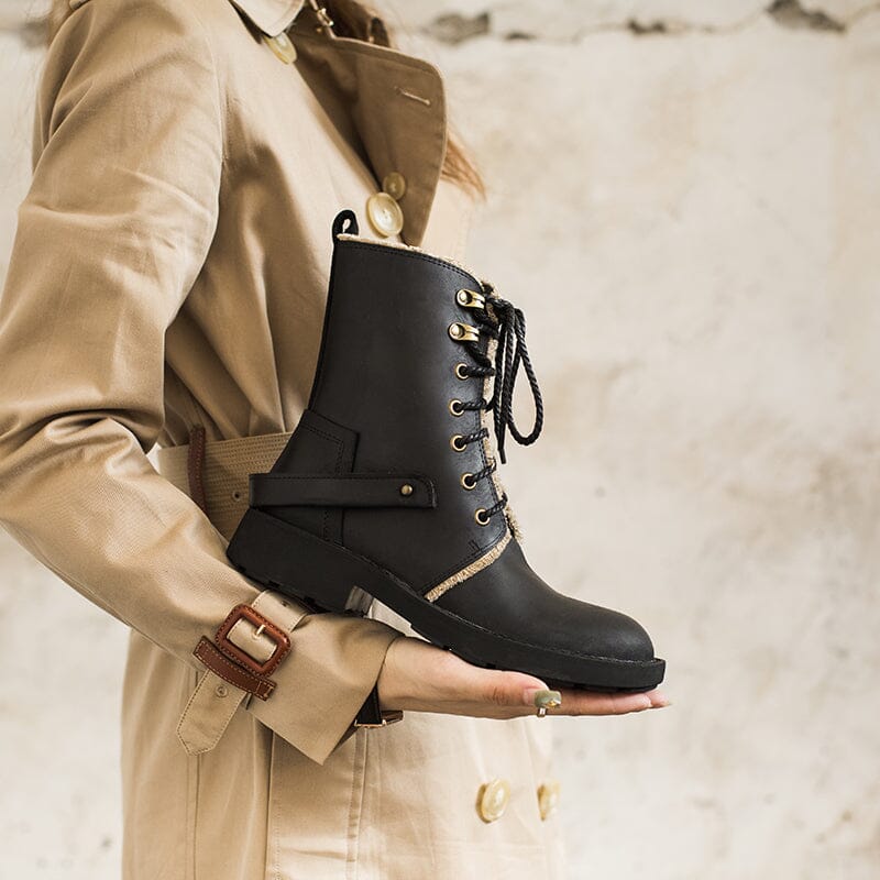 Crazy Horse Leather Combat Boots Designer Retro Chunky Riding Boots Dark Coffee/Black