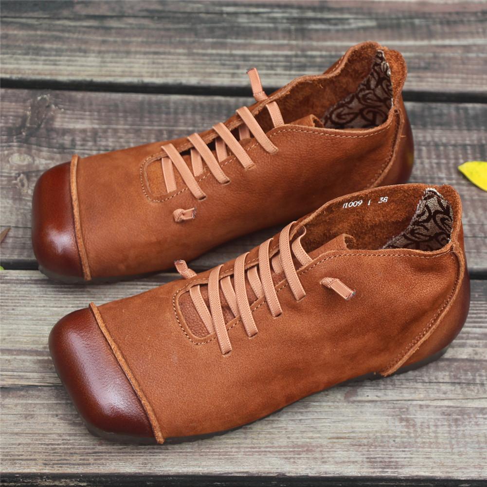 Women Ankle Booties Handmade Leather Low-Heel Square Toe Flat Riding Boots Brown/Black