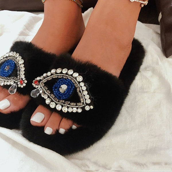 Rhinestone Eye Decor Faux Fur Comfort Slippers