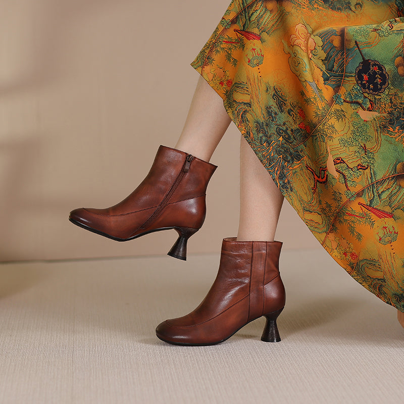 Handmade Soft Leather Kitty Heel Ankle Boots For Women Retro Round Toe Side Zipper in Coffee/Grey