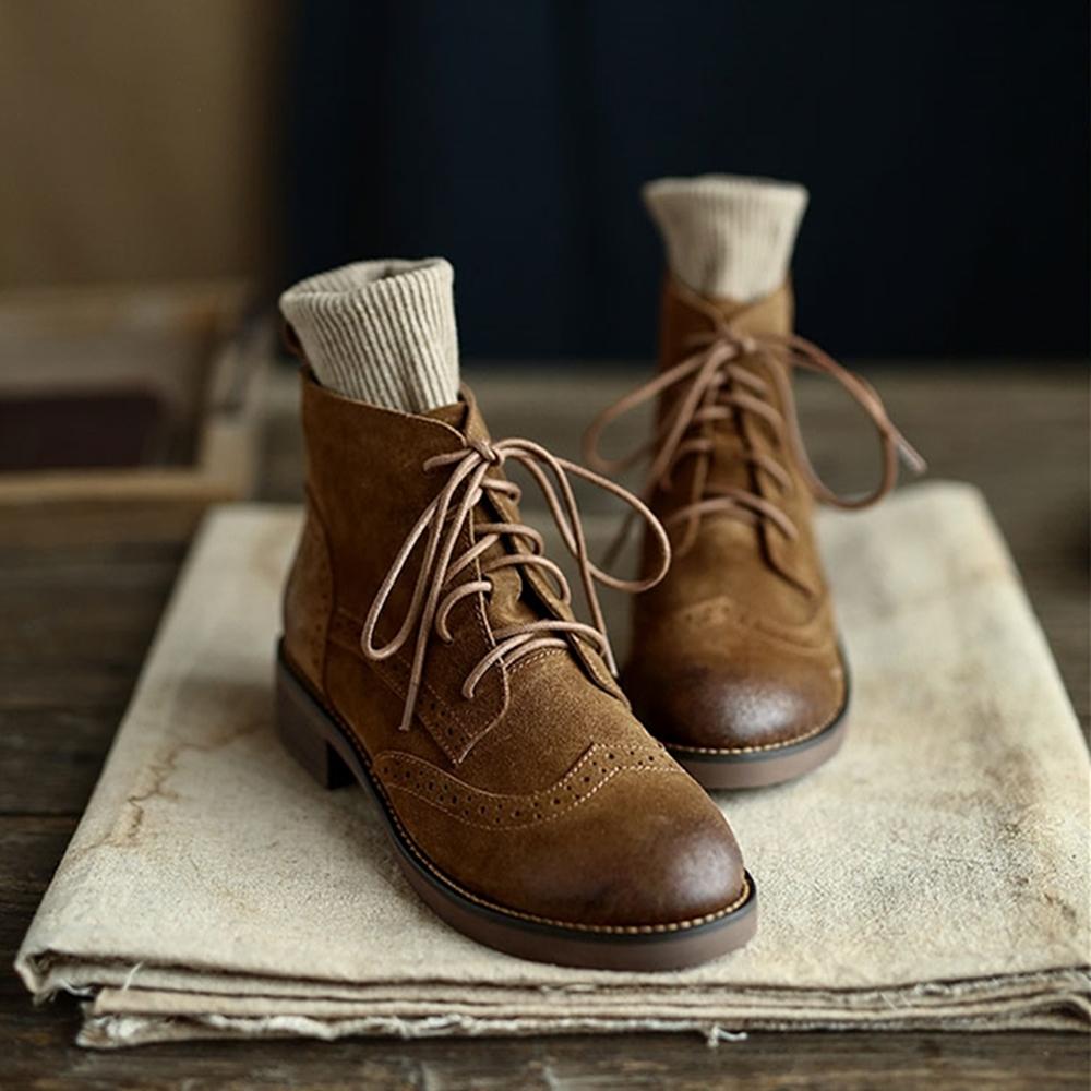 Handmade Brogue Leather Boots Women Midheel Ankle Boots With Lace Brown/Khaki