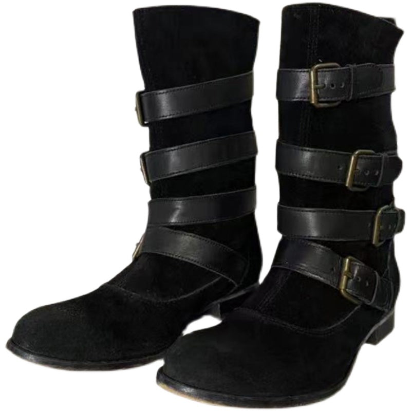 Riding Boots For Women Handmade Leather Mid Calf Boots Chunky Buckle Boots in Brown/Black