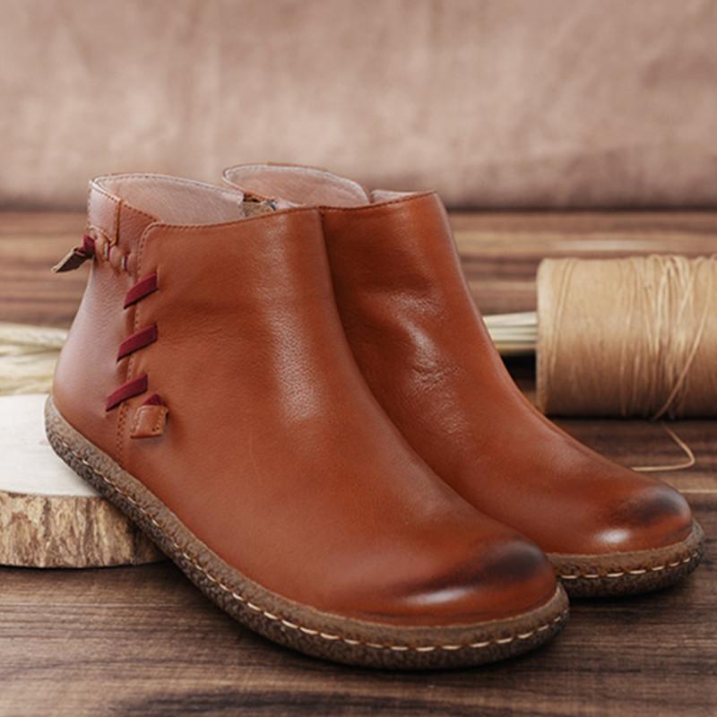 Women'S Handmade Leather Ankle Boots Short Brown/Black Boots Side Zipper