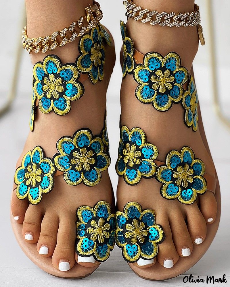 Floral Pattern Toe-Ring Flat Sandals