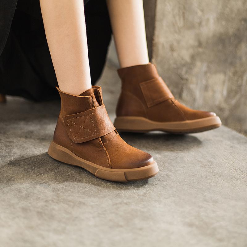 Waxing Leather Boots Velcro Ankle Boots Leather and Short Plush For Choice Black/Coffee