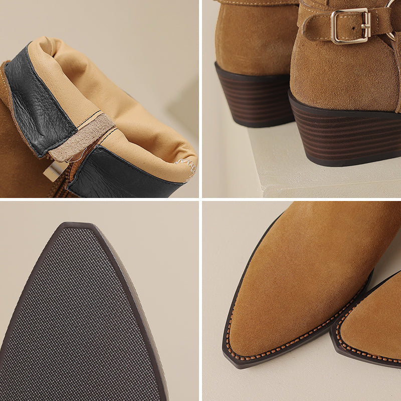 Womens Suede Leather Mid Calf Boots 45mm Block Heel with Buckle Details In Black/Brown