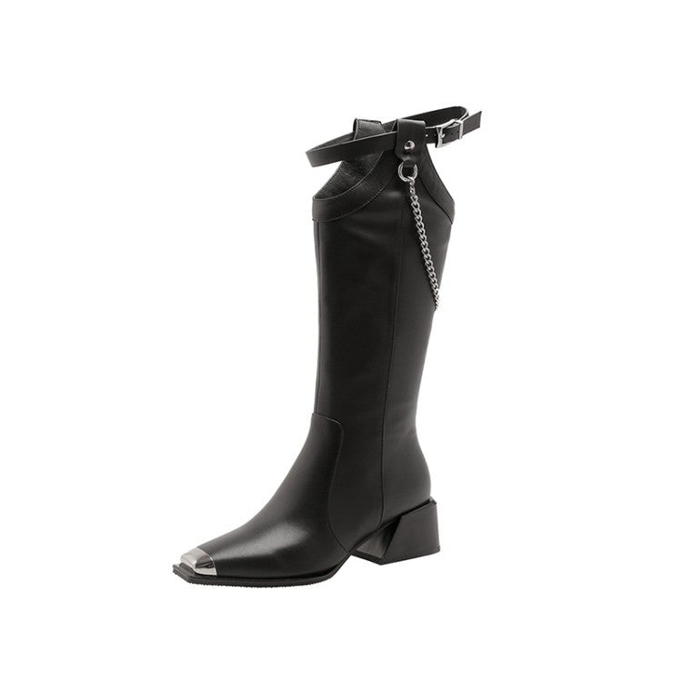 Riding Boots for Women In Black Leather Square Toe- Embellished leather boots