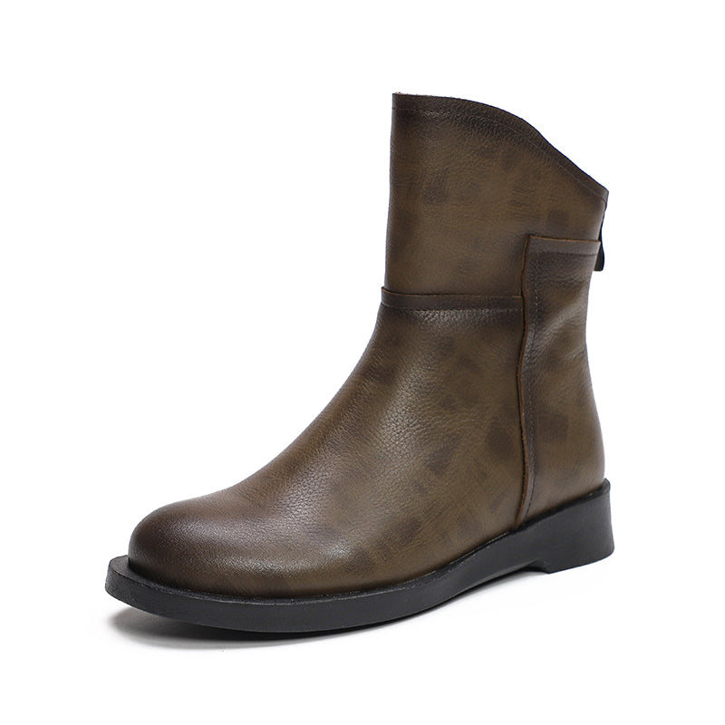 Retro Cowhide Boots Women Comfy Back Zip Walking Boots Brown/Black/Grey