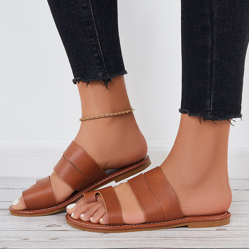 Wide Flat Slippers Round Open Toe Loop Slide Sandals