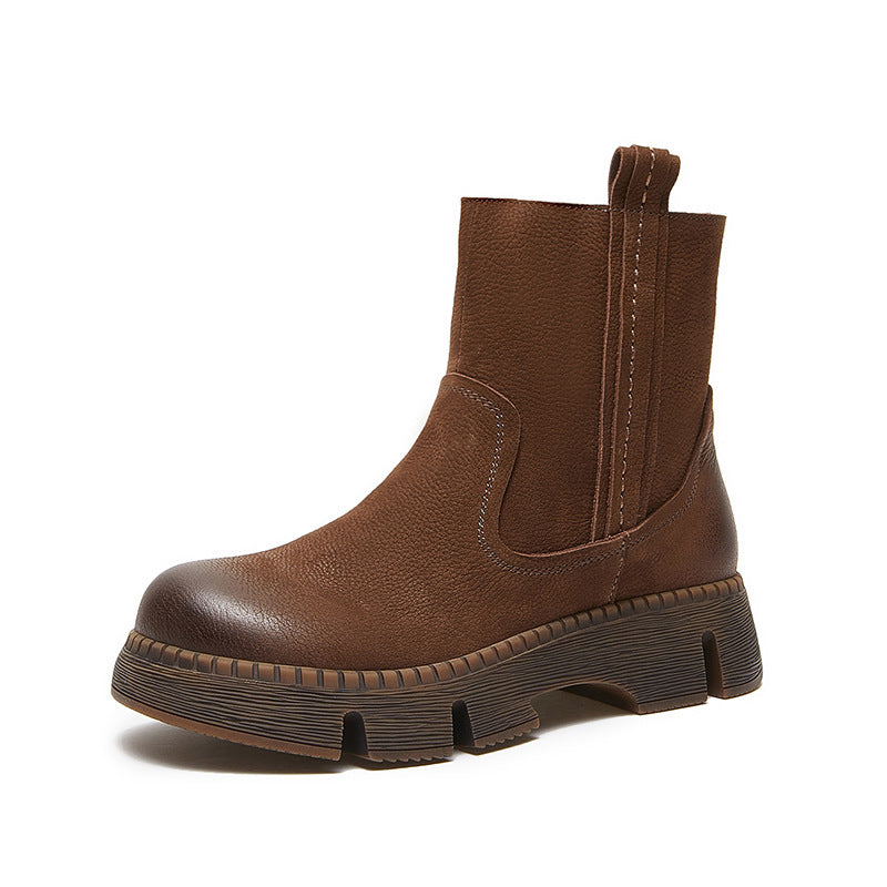 Women's Handmade Chunky Ankle Booties Side Zip in Coffee/Grey