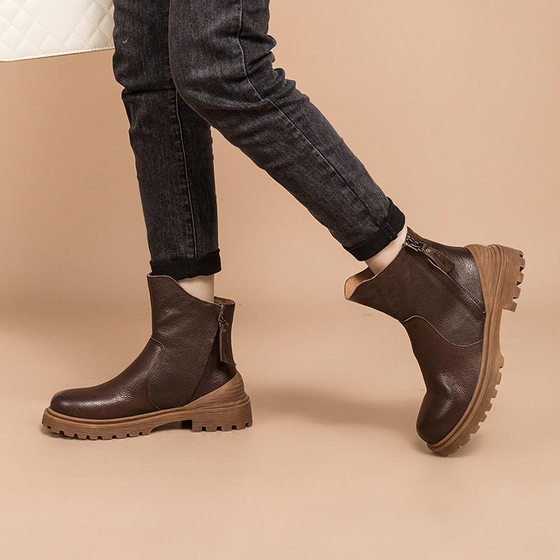 Leather Western Boots Handmade Cowboy Boots Designer Shoes Side Zip Ankle Boots Coffee/Black