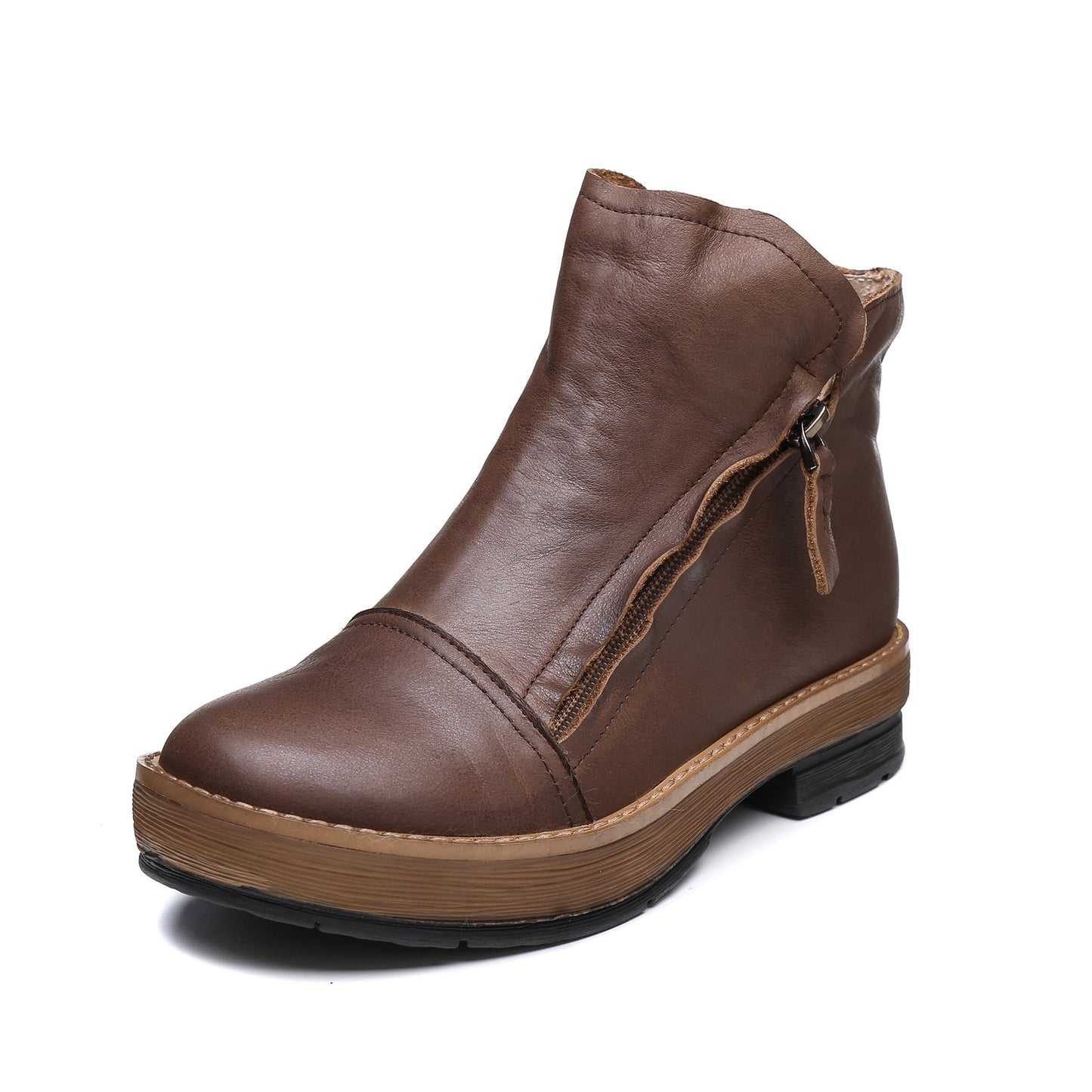 Soft Cowhide Leather Zip Boots Retro Women Chunky Ankle Boots Black/Coffee/khaki