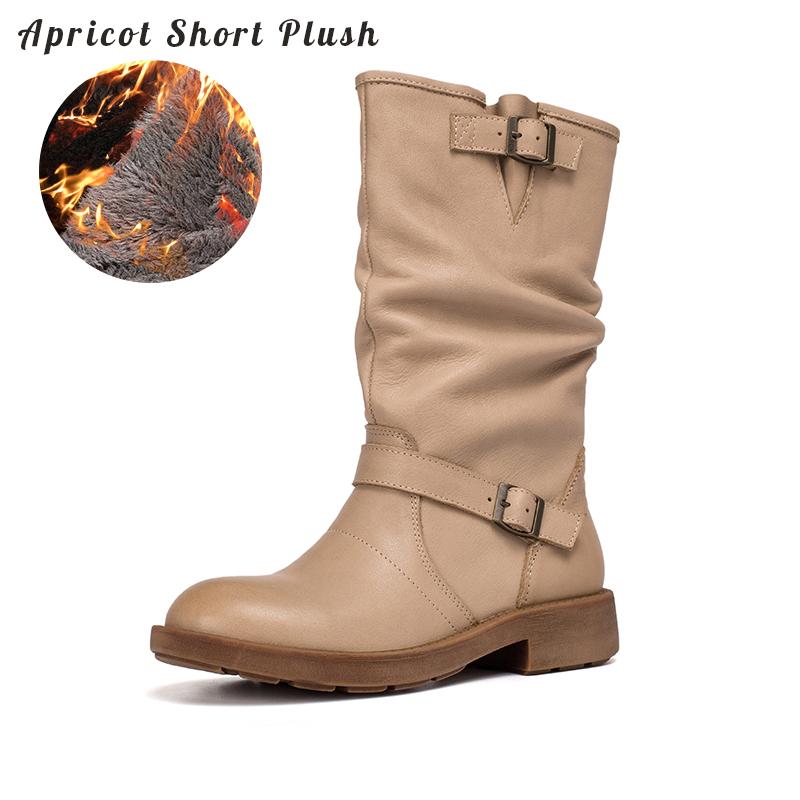 Waxing Leather Mid Calf Boots Fold Design Riding Boots Short Plush Lined Or Leather For Choice Apricot/Brown/Black
