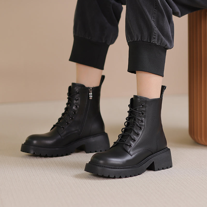 Winter Boots Handmade Genuine Leather Lace-Up Combat Boots Retro Chunky Platform Black