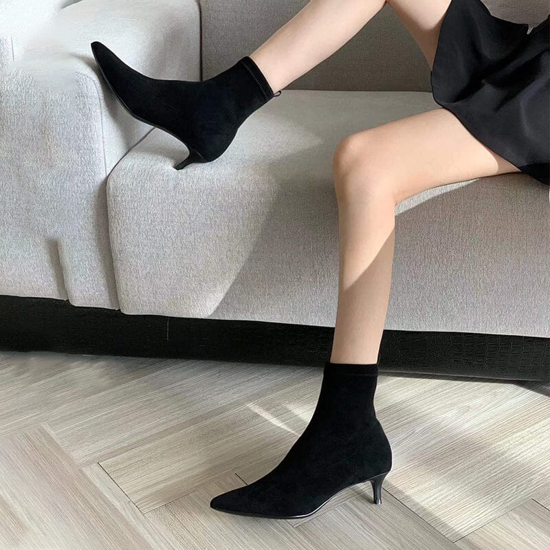 Classic Point Toe Sock Boots High Heel Stretch Boots Elastic Suede Handmade Black/Brown