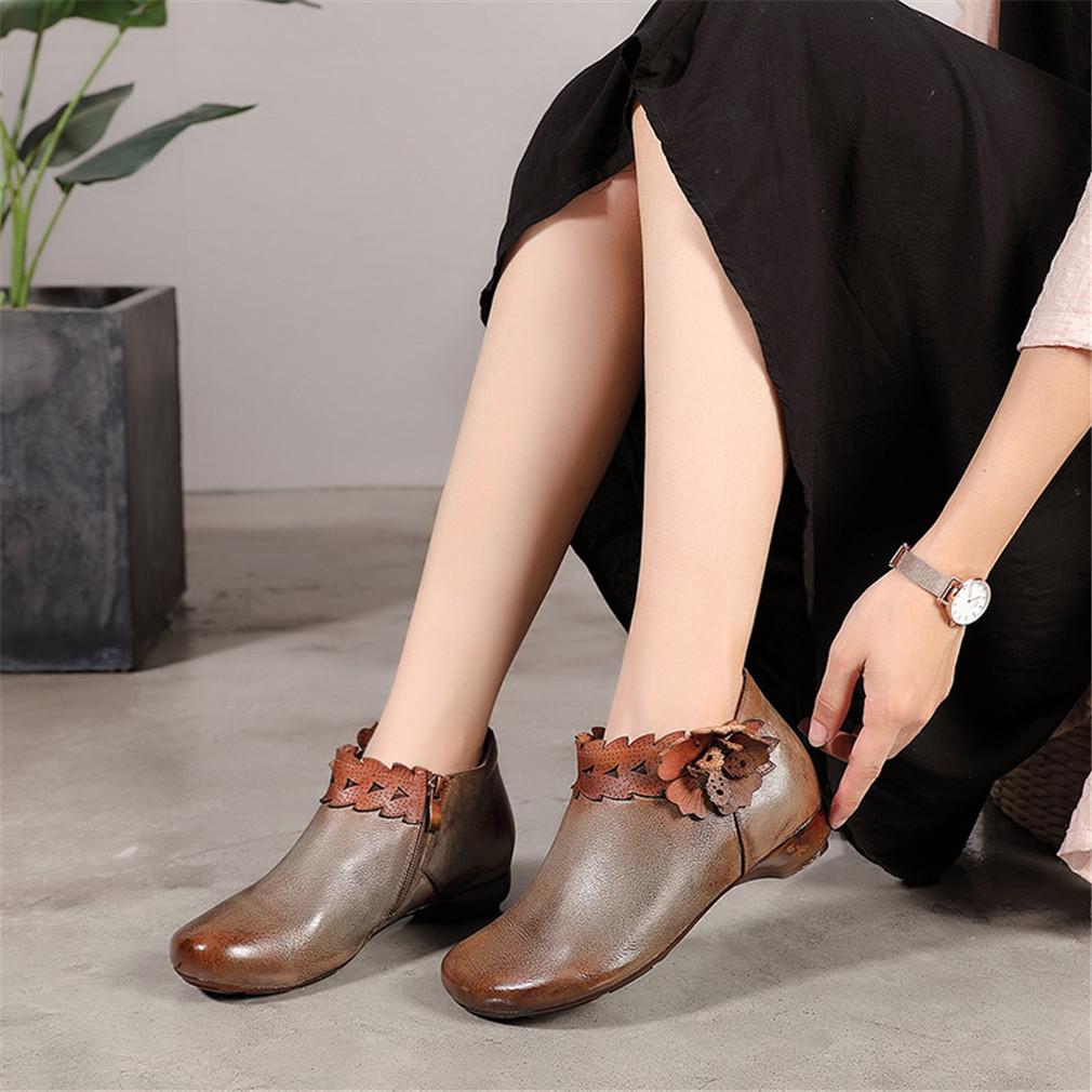 Retro Booties For Women Brush-Off Leather Handmade Flat Ankle Boots Taupe