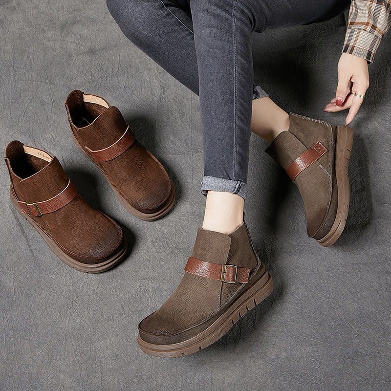 Mori Style Ankle Booties For Women Brush-Off Leather Buckle Boots in Coffee/Khaki