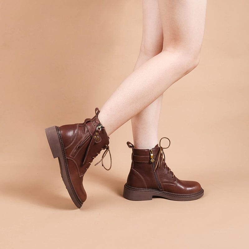 Chunky Side Zip Boots Belted Leather Boots Soft Walking Short Boots Black/Coffee