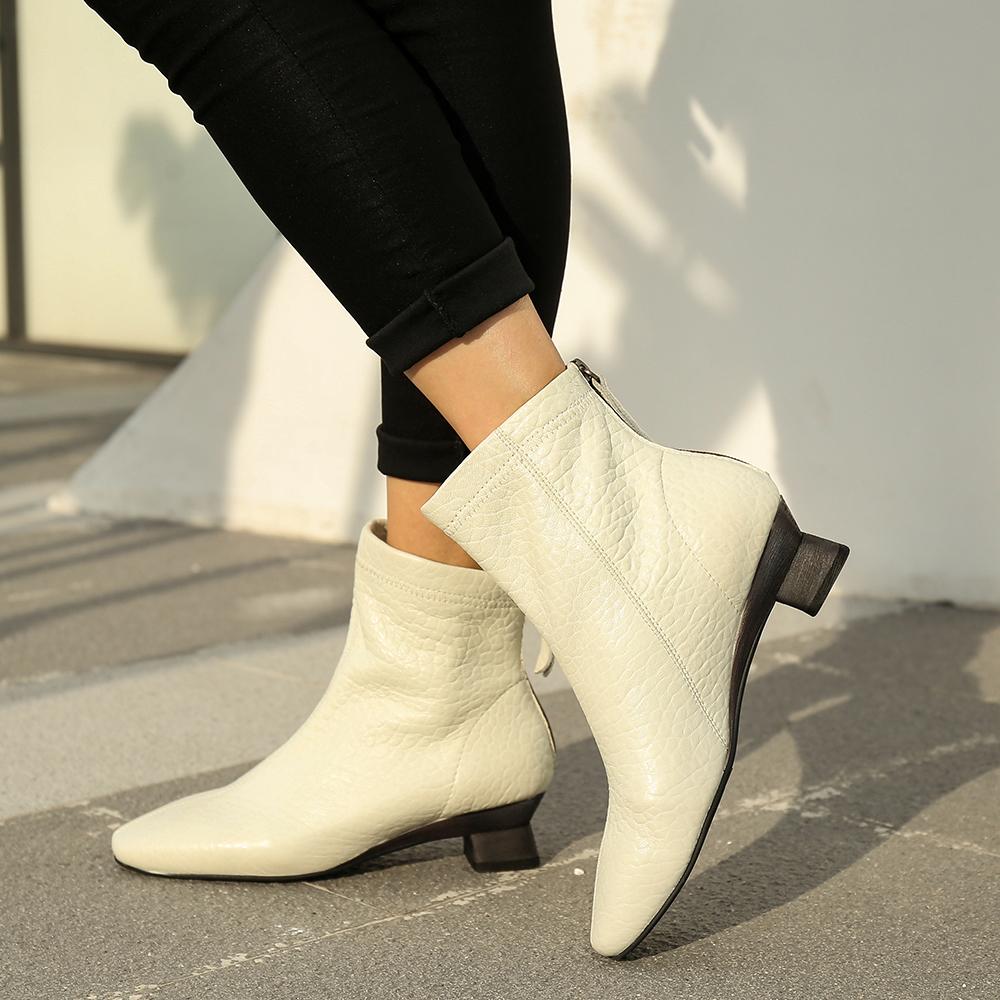 Handmade Leather Chelsea Boots For Women Soft Ankle Boots Retro Square Toe Black/Brown/Off White