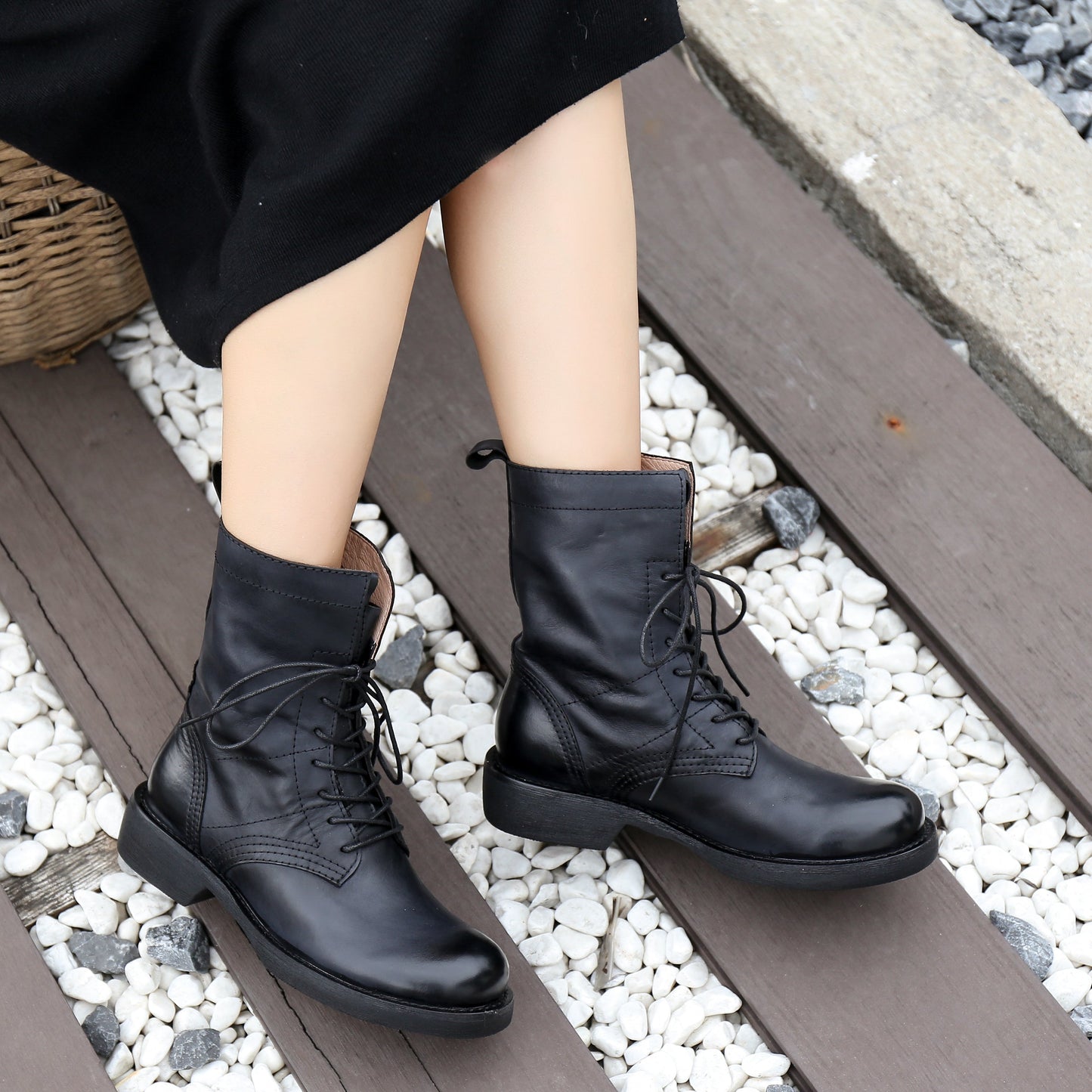 Retro Short Boots Women Handmade Genuine Leather Boots Biker Boots Coffee/Black