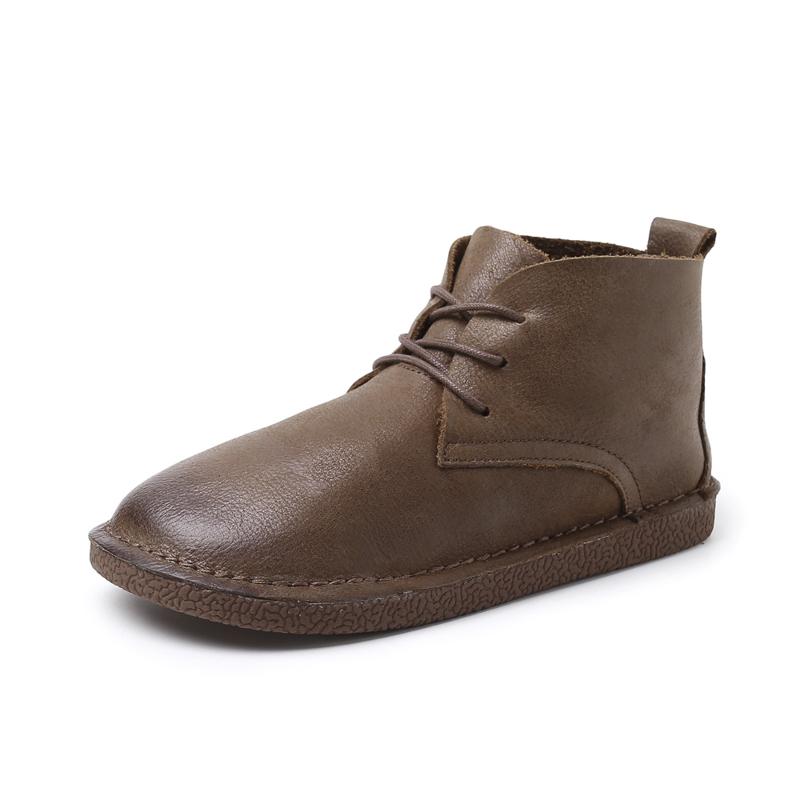 Handmade Genuine Leather Boots Lace-Up Soft Ankle Booties Casual Work Combat Boots Mori Girl Designer Shoes Brush-Off