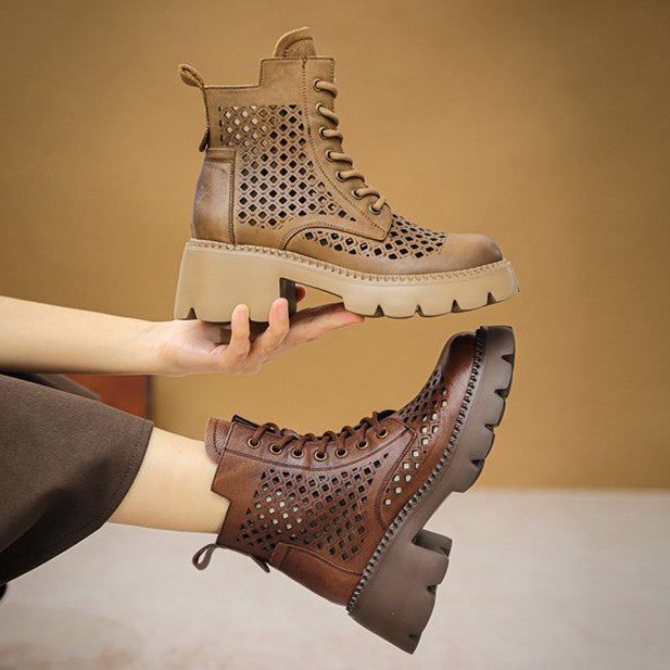 Women's Ankle Booties Round Toe Design Cut Out Boots Brown/Khaki