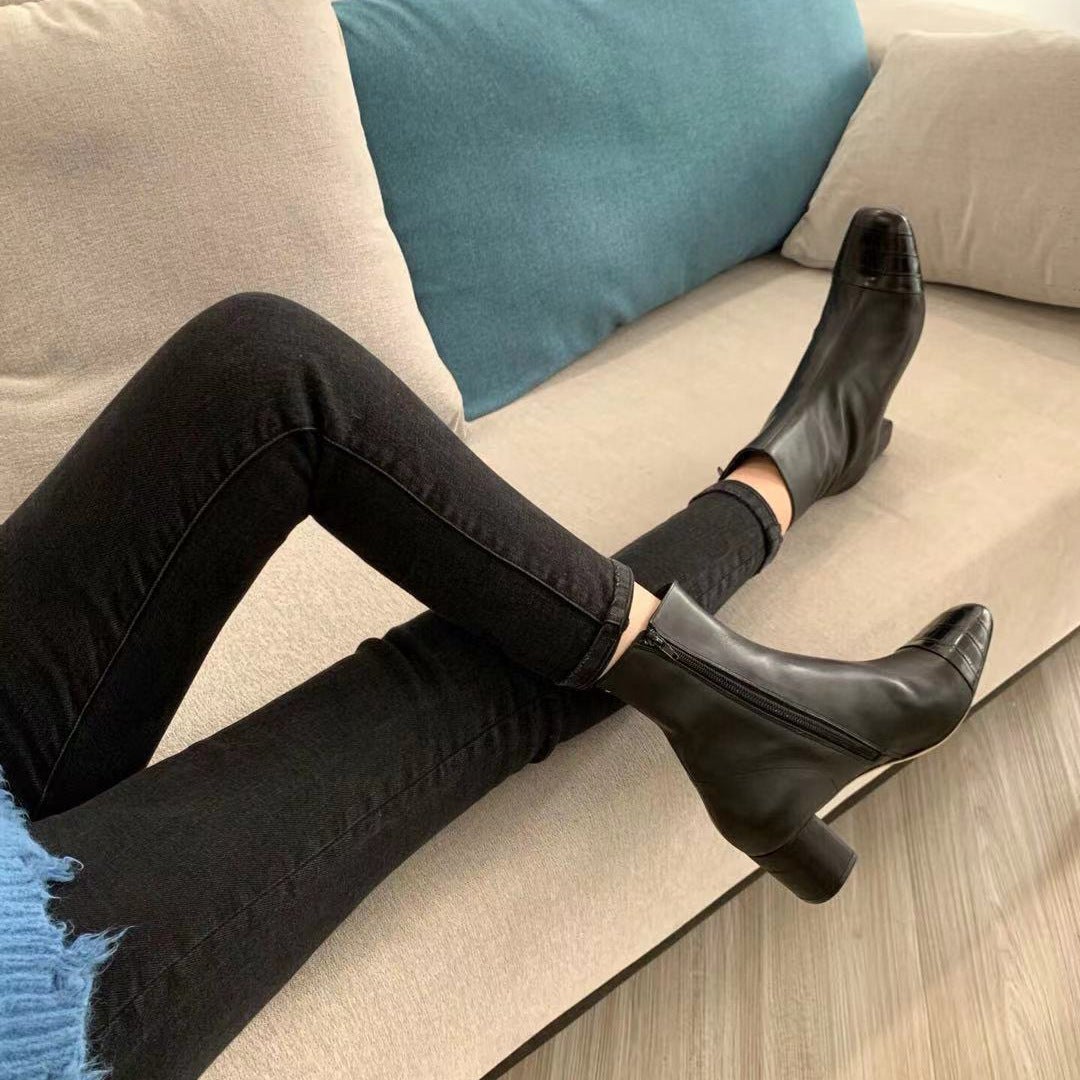 Classic Elegant Ankle Boots Mid Heel Sheepskin Elastic Boots Black