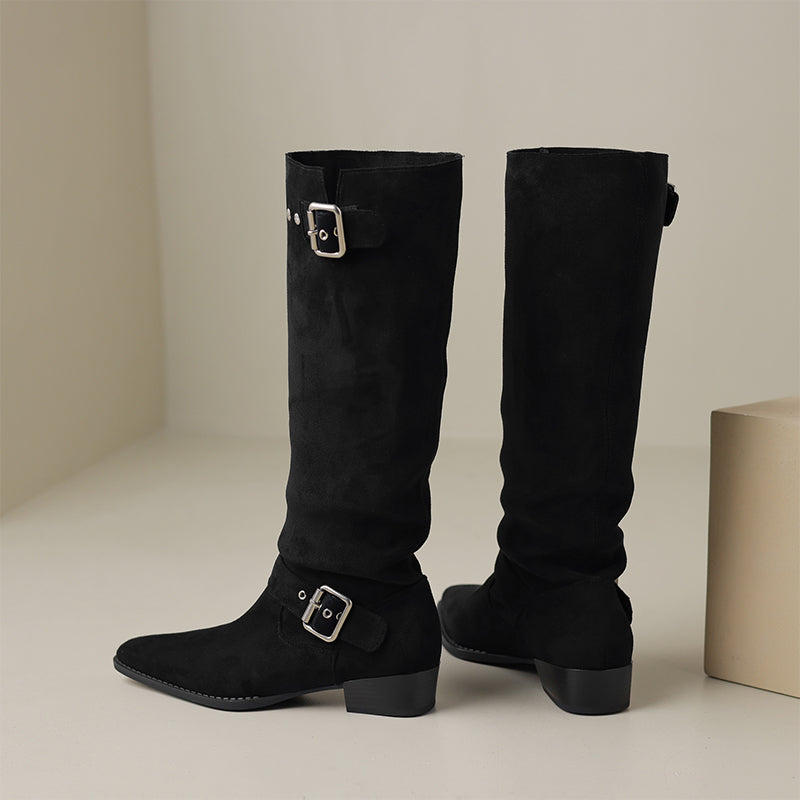 Womens Suede Leather Knee High Boots with Buckles In Black/Brown