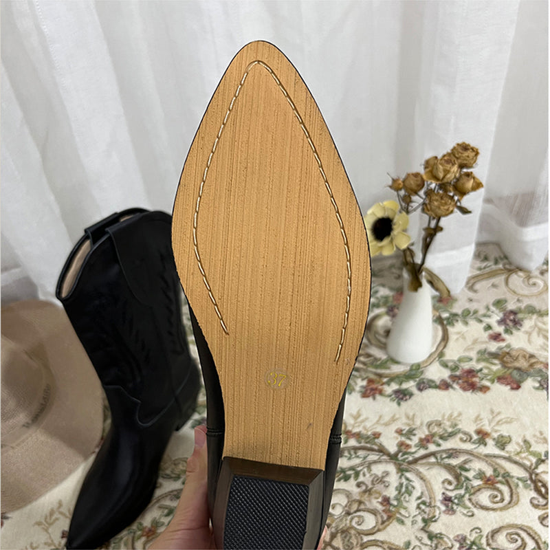 Womens Western Embroidered Short Boots Block Heel - Suede Black/Black Cowgirl Boots All Genuine Leather