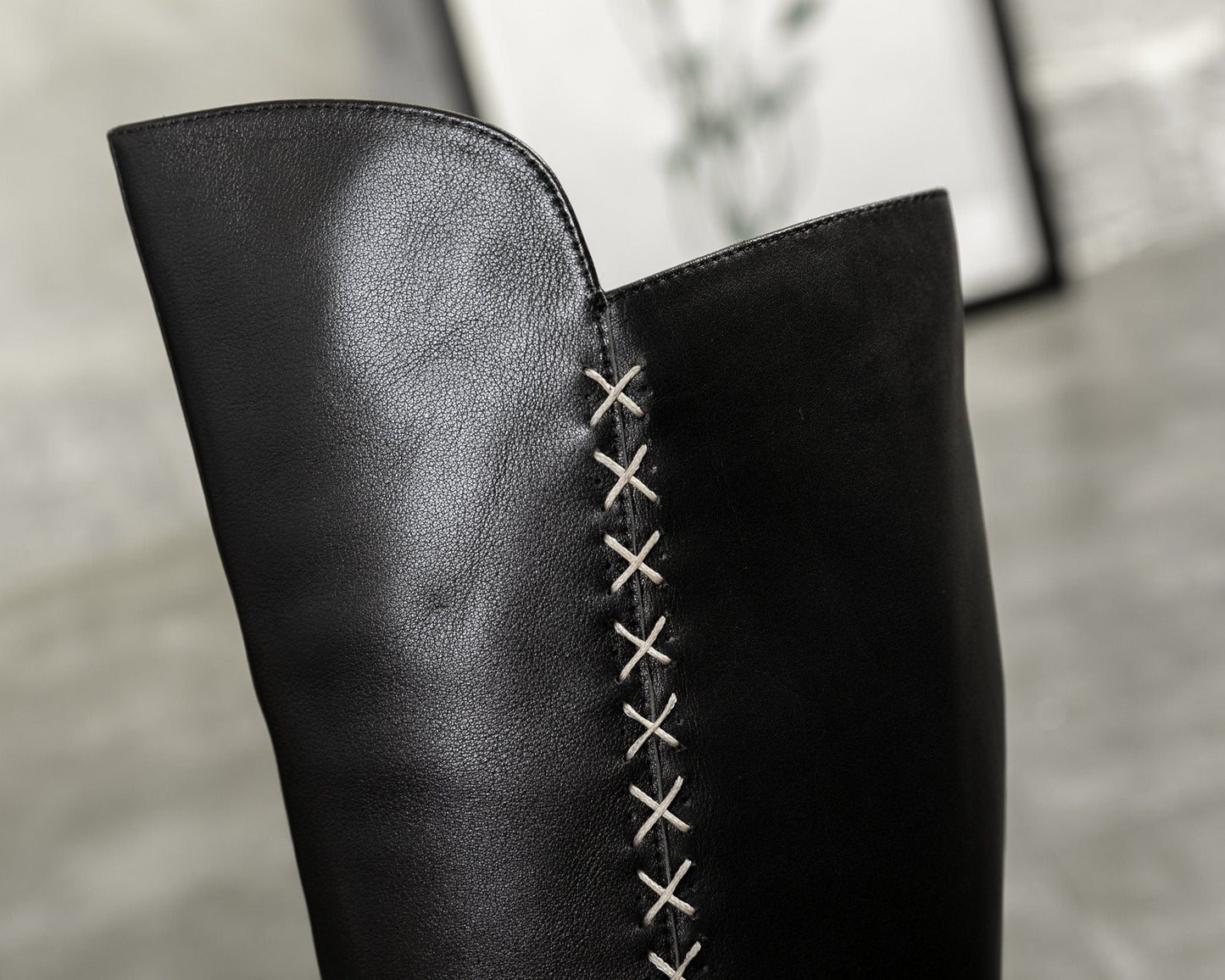 Women Leather Handmade Knee-Length Boots With Chunky Heel Short Plush Lining