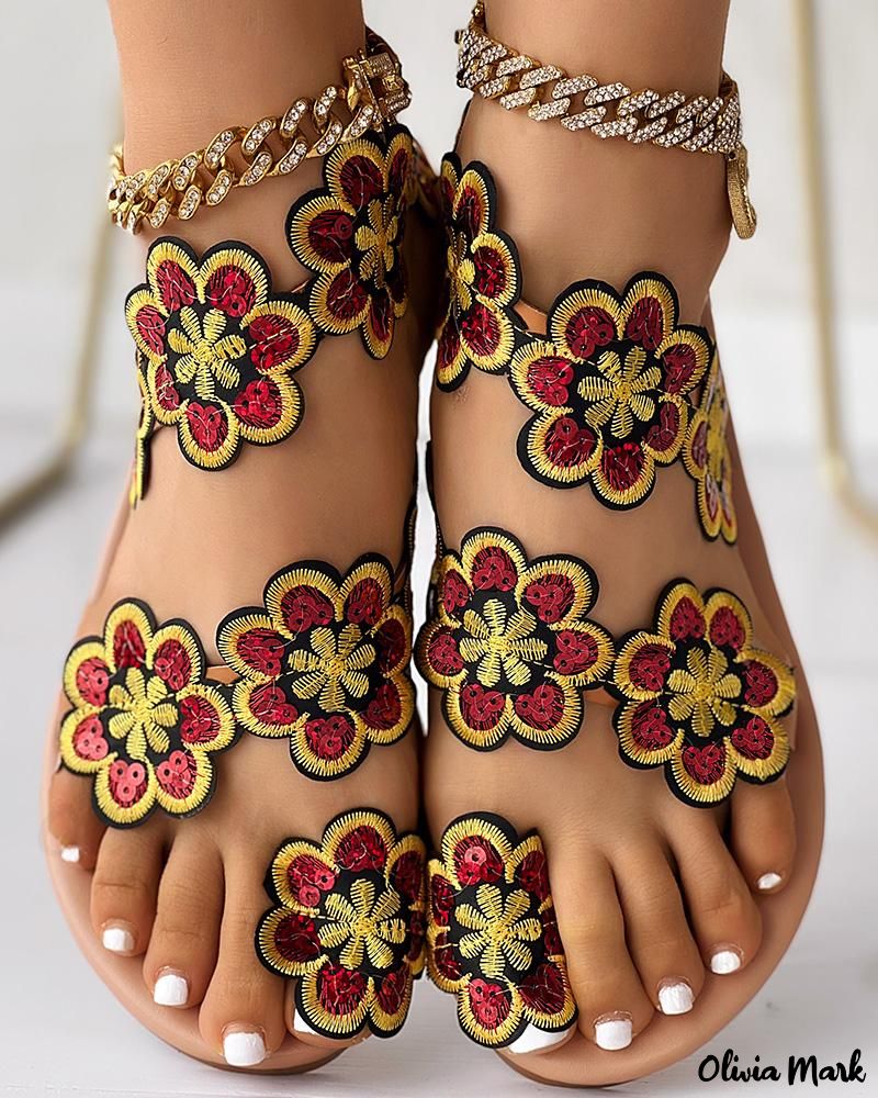 Floral Pattern Toe-Ring Flat Sandals