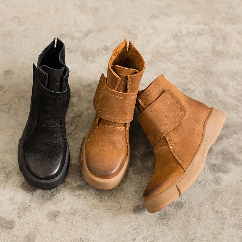 Waxing Leather Boots Velcro Ankle Boots Leather and Short Plush For Choice Black/Coffee