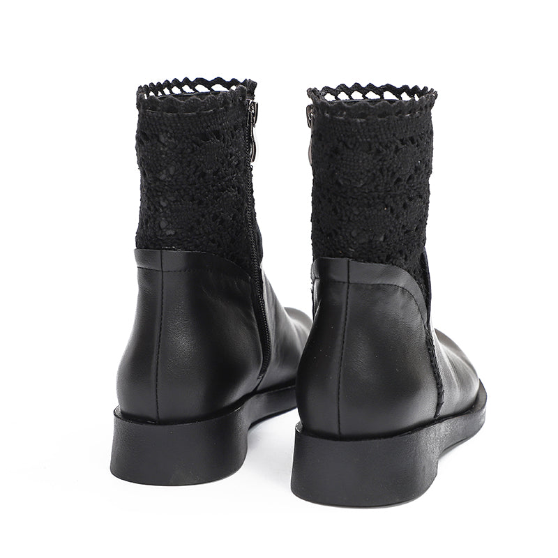 Handmade Women's Leather Boots Retro Fashionable Knit Spliced Flat Boots Black/Coffee